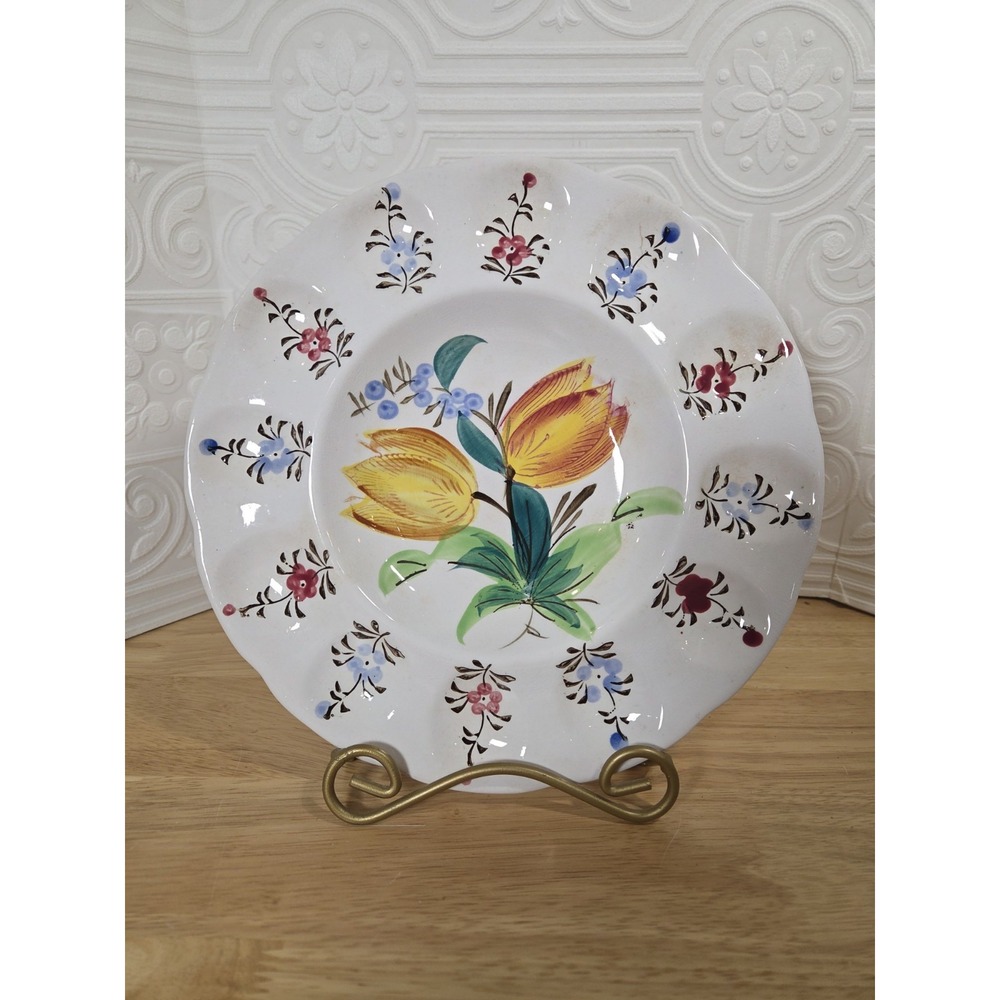 Vintage Hand Painted Egg Plate Colorful Floral Spring Tulips Ceramic 9 1/2"...